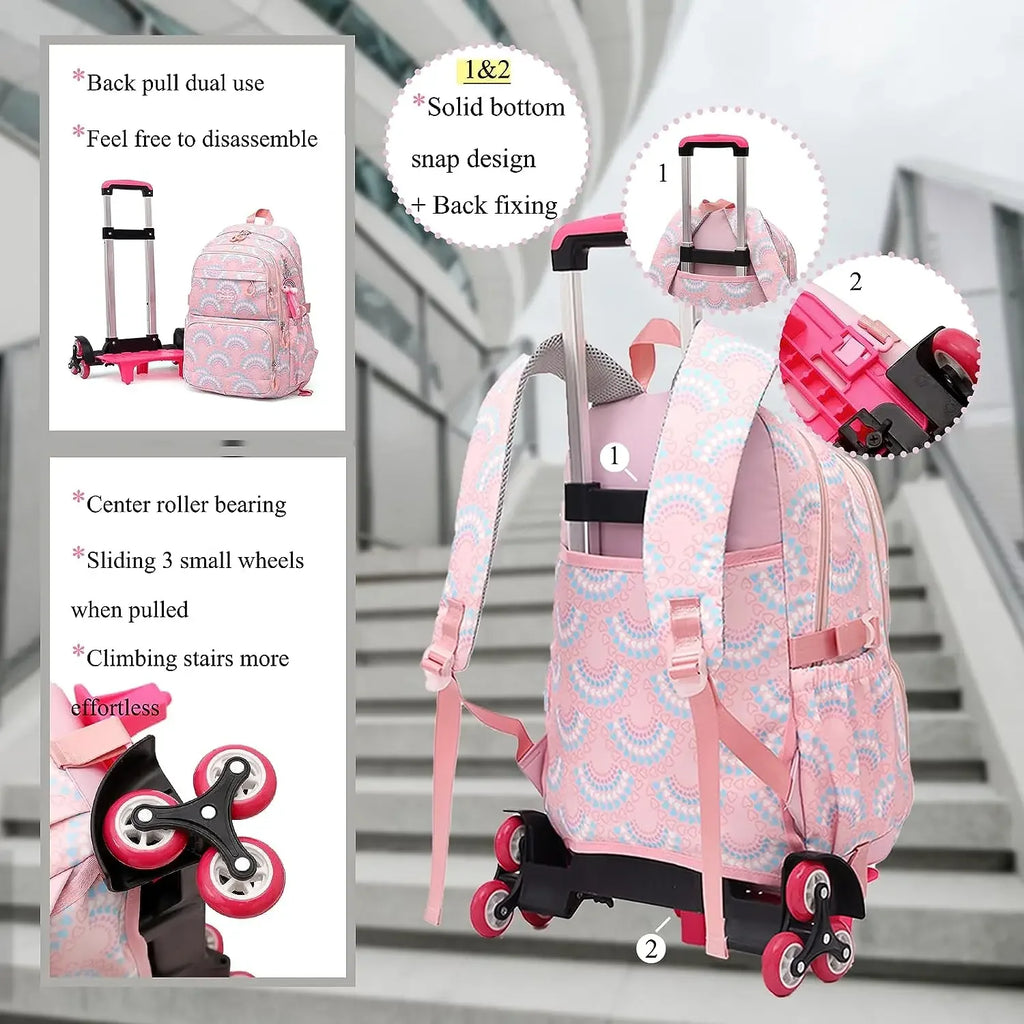 Rolling School Bags for Girls Backpack Children Waterproof School Backpacks with Wheels Middle School Trolley Luggage Back Pack - Clikcy
