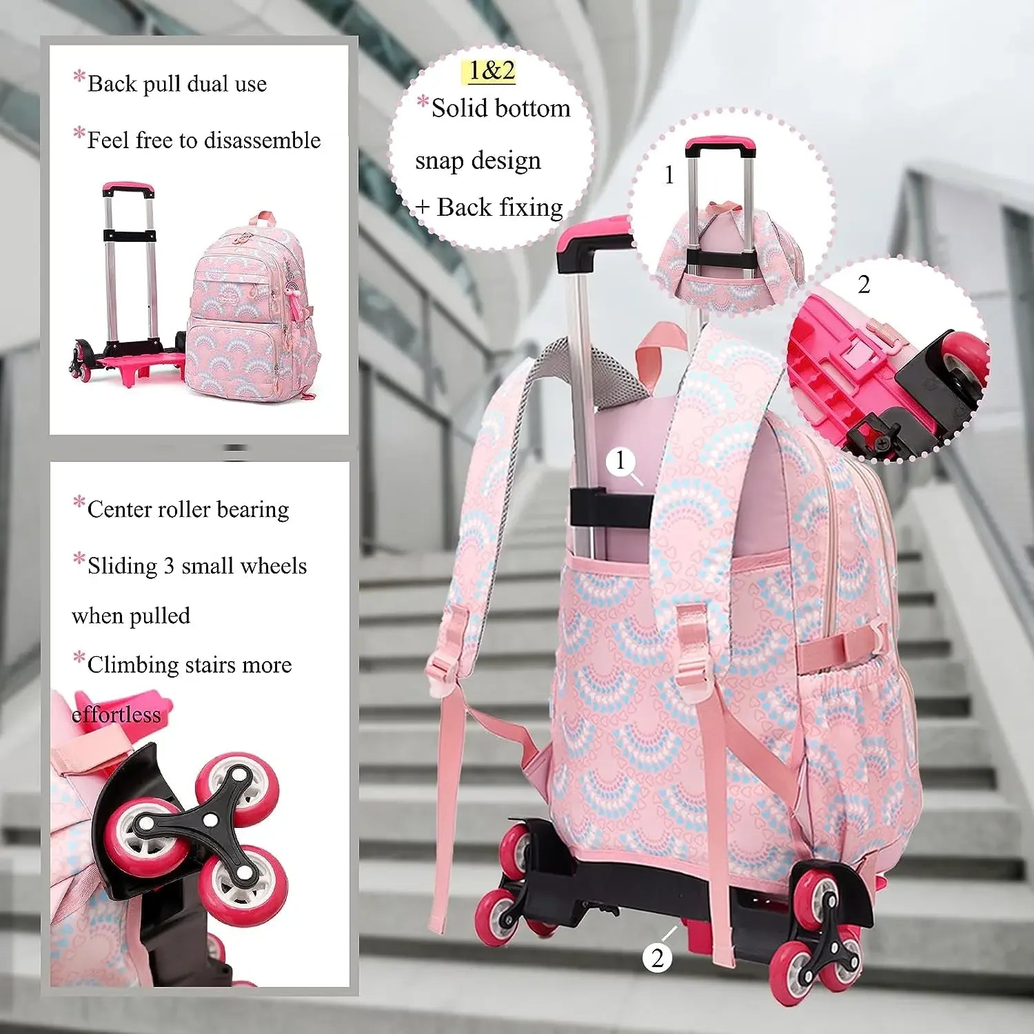Rolling School Bags for Girls Backpack Children Waterproof School Backpacks with Wheels Middle School Trolley Luggage Back Pack - Clikcy