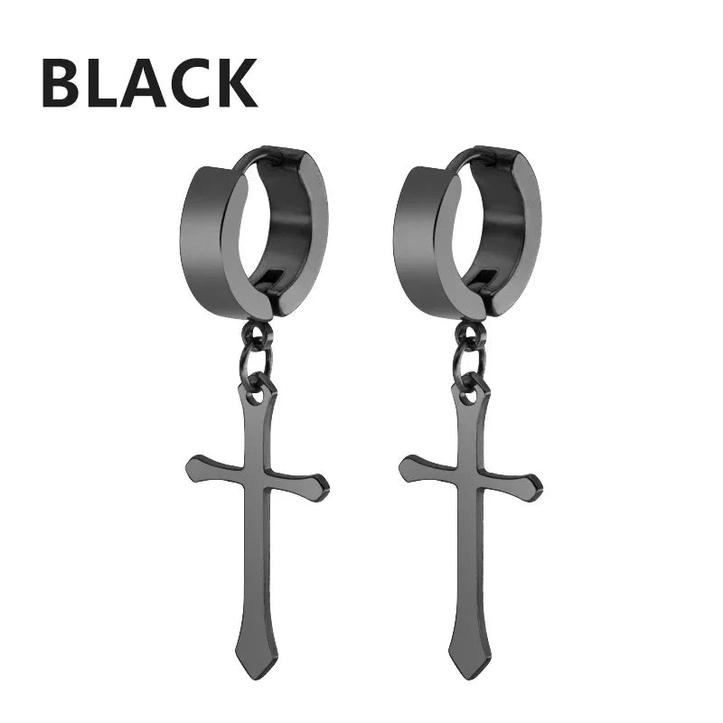 2pc Stainless Steel Men Cross Stars Punk Dangle Earrings Gothic Woman Cross Ear Hoop Earrings Huggies Pendant Piercing Jewelry - Clikcy