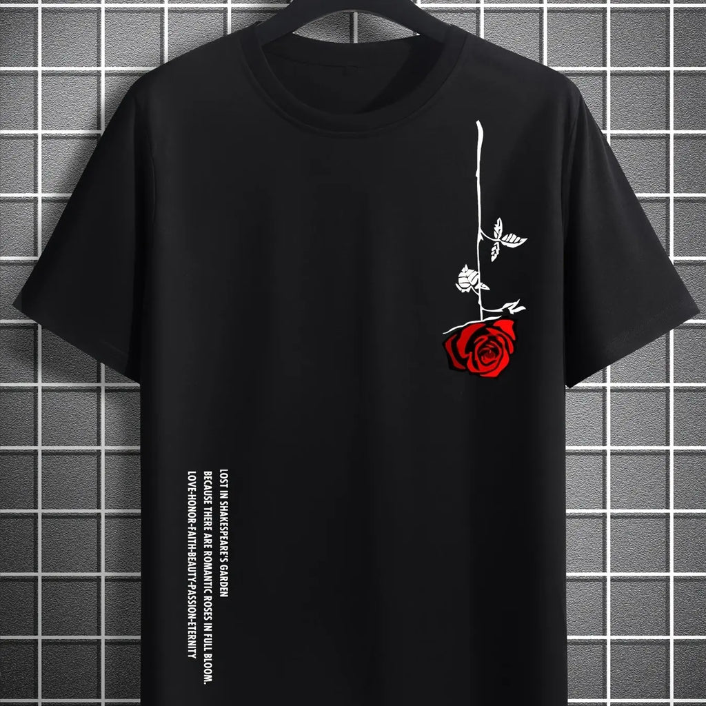 Men's Summer Loose Size 100% Cotton Rose Print Casual Slim Fit Round Neck Short Sleeve T-shirt Top - Clikcy