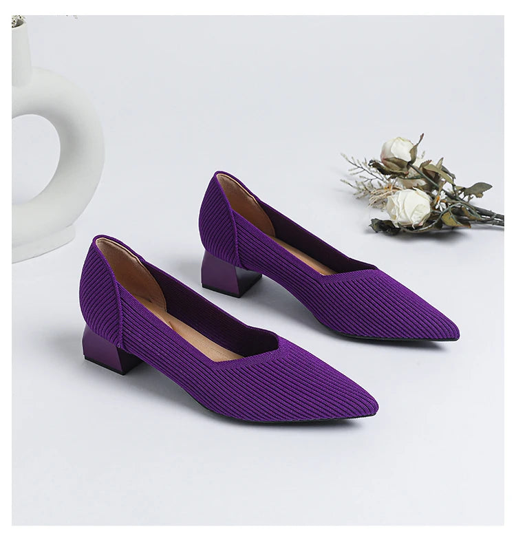 Women's large high-heeled shoes Multicolor pointy knit breathable comfortable anti-skid rubber sole work shoes 2023 new autumn