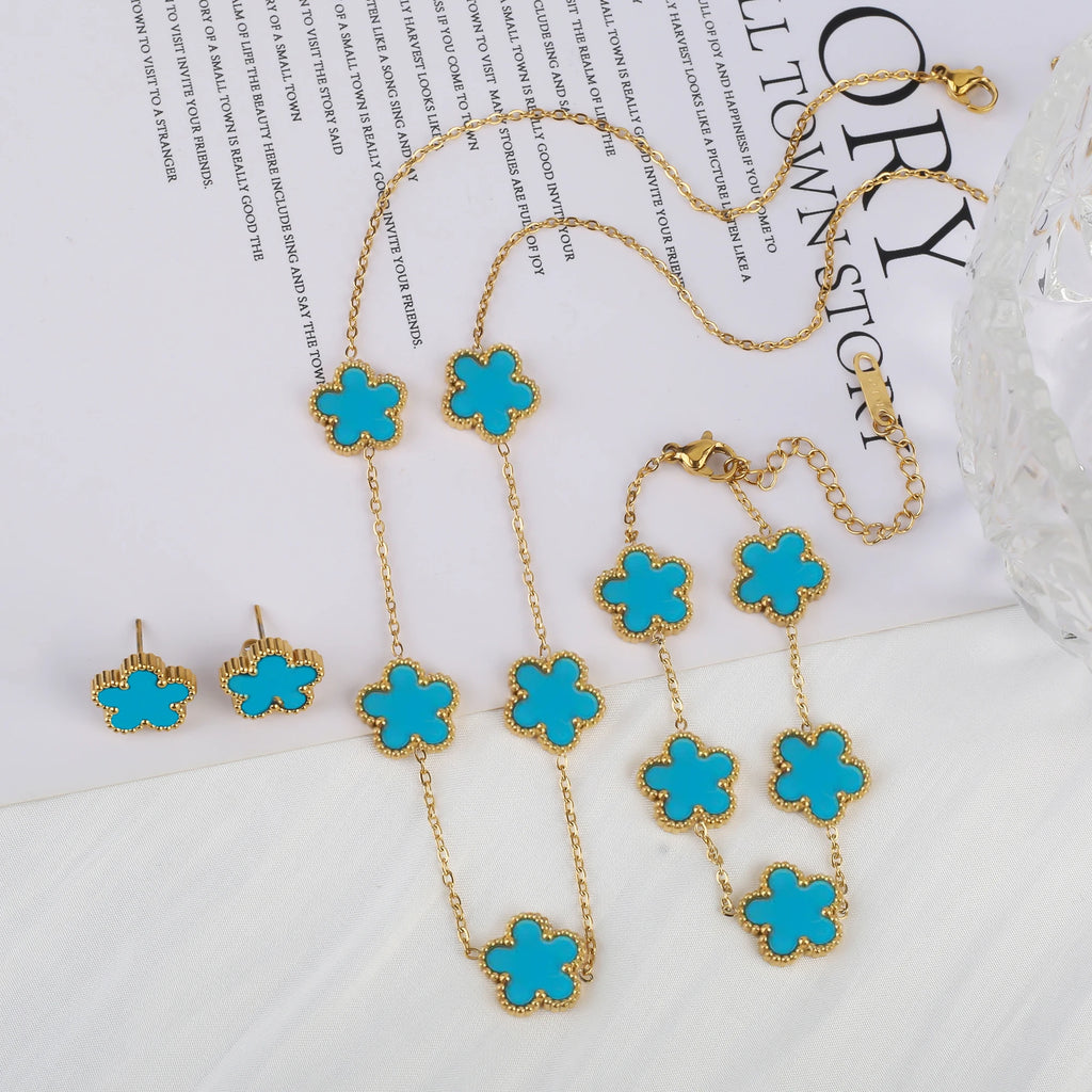 3Pcs 18k Gold-Plated Five-Leaf Flower Necklace Earrings Bracelet Jewelry Set For Woman Fashion Party Jewelry Daily Wear Clover - Clikcy