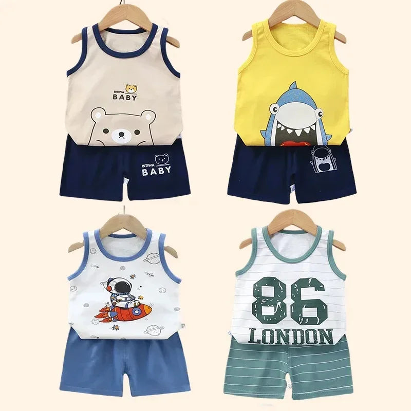 Children Sets Kids Clothes Boys Girls Vest Suit  Summer Children's Clothing baby Cotton T-Shirts Shorts Tank Top Sleeveless - Clikcy