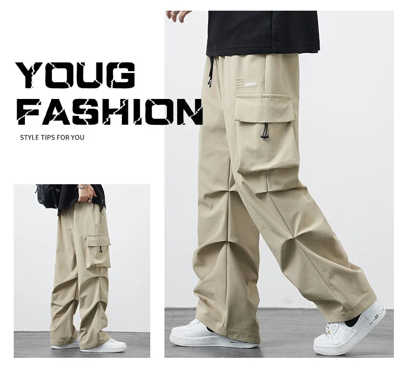 New Plus Size 8XL Men Casual Straight Pants Trousers Ice Silk Fashion Hip Hop Sweatpants Outdoor Stand Pocket Cargo Pants Y2K - Clikcy