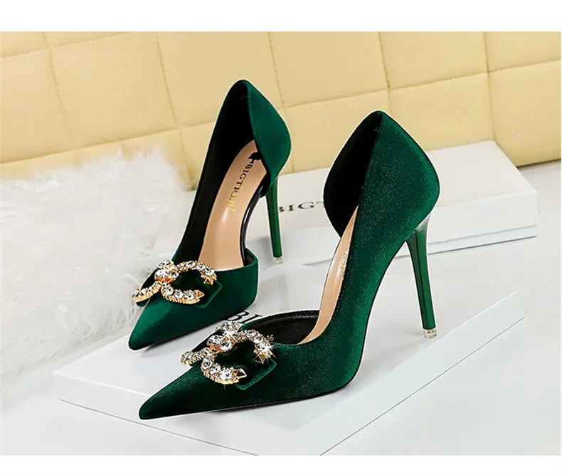 Fashion Women High Heel Rhinestone Buckle Bow Green Pink Pointed Toe Party Pumps Velvet Luxury Elegant Wedding Evening Shoes - Clikcy