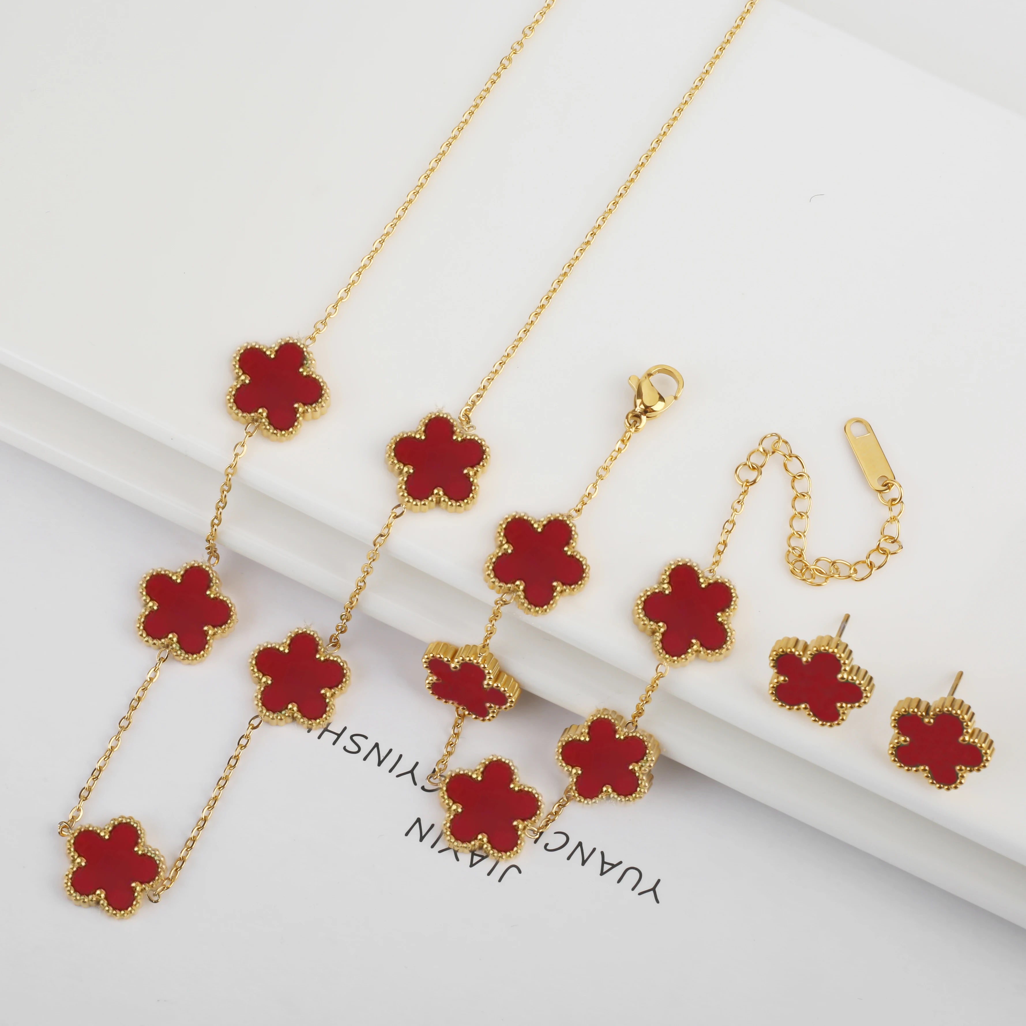 Hot Selling Plum Blossom Plant Five Leaf Flower Jewelry Set Bracelet Necklace Earrings Women Stainless Steel High Quality Clover - Clikcy