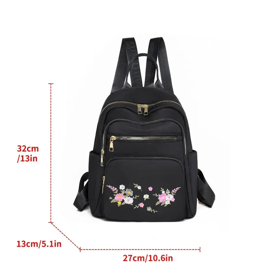 Fashion Nylon Backpack For Women Embroidery Design Student School Bag Leisure Travel Rucksack Popular Girl Commuting Sac A Dos - Clikcy