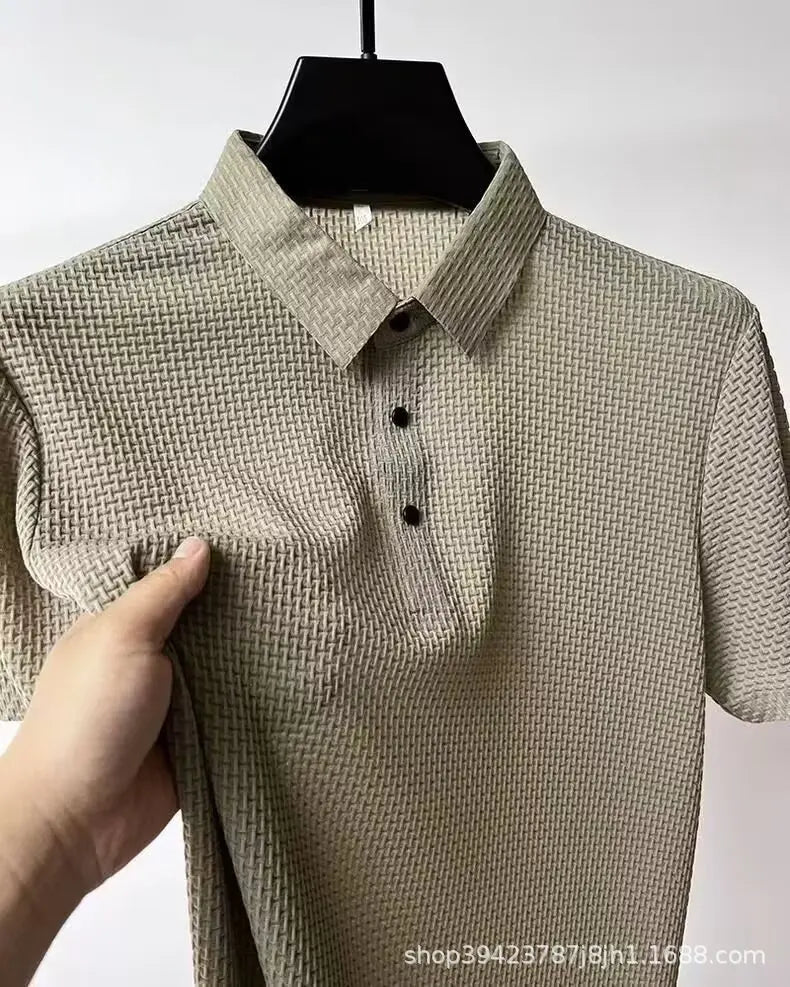 New style ice silk jacquard polo shirt short sleeve summer men's t-shirt casual business fashion stand collar t-shirt men - Clikcy