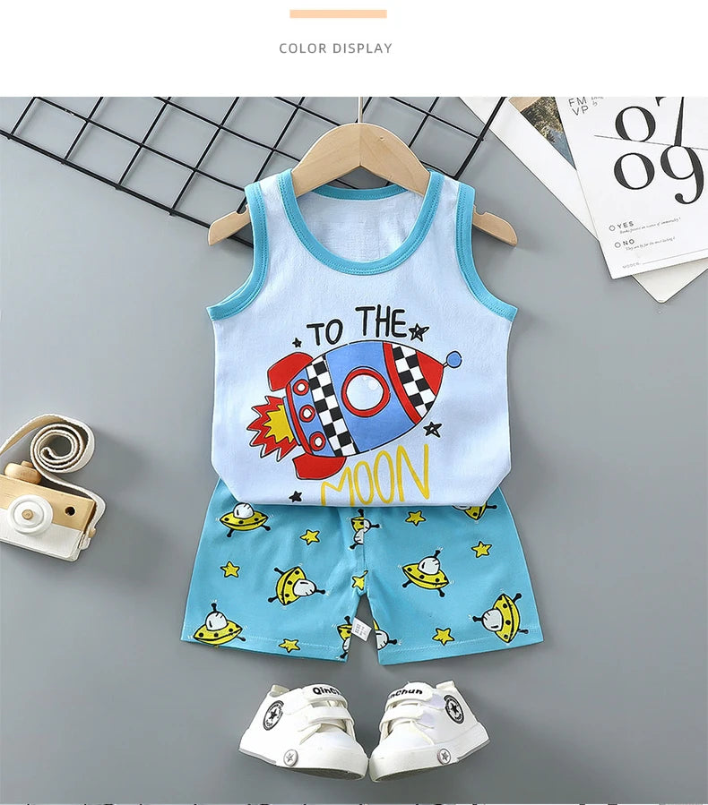 Children Sets Kids Clothes Boys Girls Vest Suit  Summer Children's Clothing baby Cotton T-Shirts Shorts Tank Top Sleeveless - Clikcy