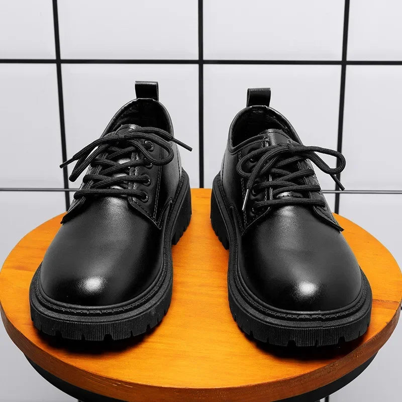 Casual Men's Pure Black Lace-up Height-increasing Business-style Low-heeled, Comfortable and Durable Small Leather Shoes