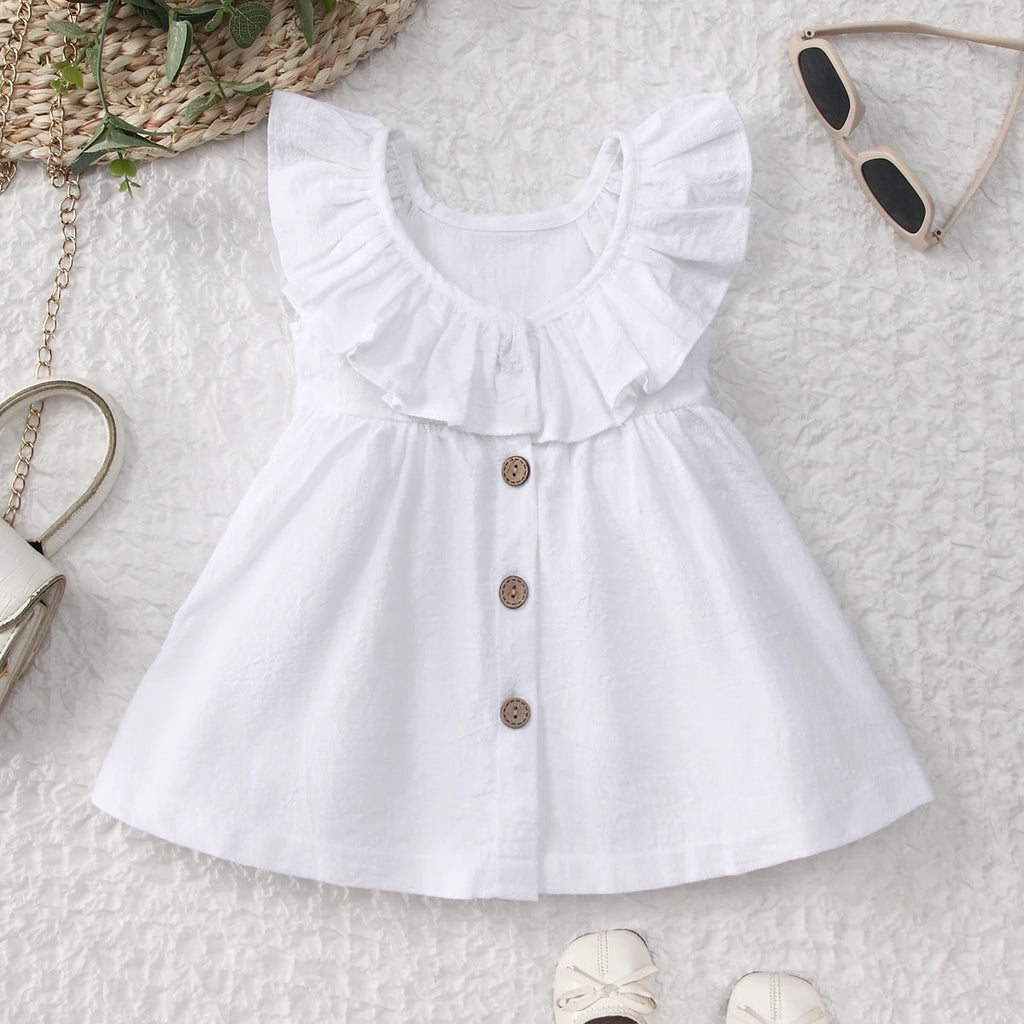 Summer Back Bow Children Girls Flutter Sleeve Princess Dresses Ruffle Sleeve Linen Cotton Baby Kids Dress - Clikcy
