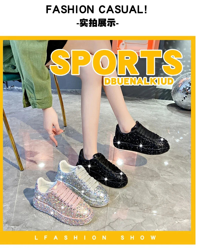 2025 Autumn Leather Women Shoes New Style Fashion Platform Shoes Ins Platforms Sneakers Tide Shine Bling Rhinestone Shoes - Clikcy