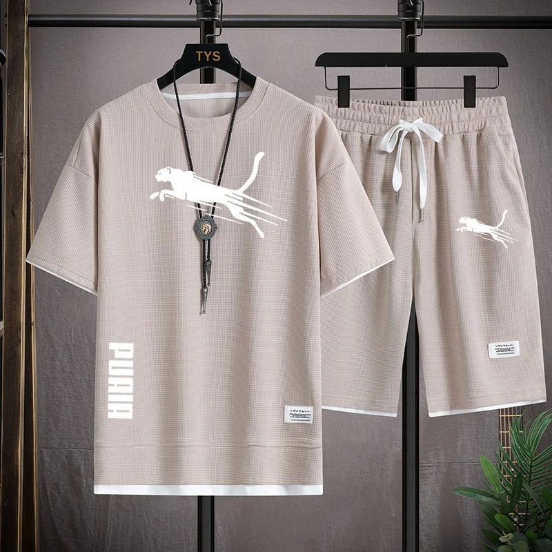 summer new men's sportswear fitness set running suit casual T-shirt+shorts set breathable jogging sportswear 2-piece set for men - Clikcy