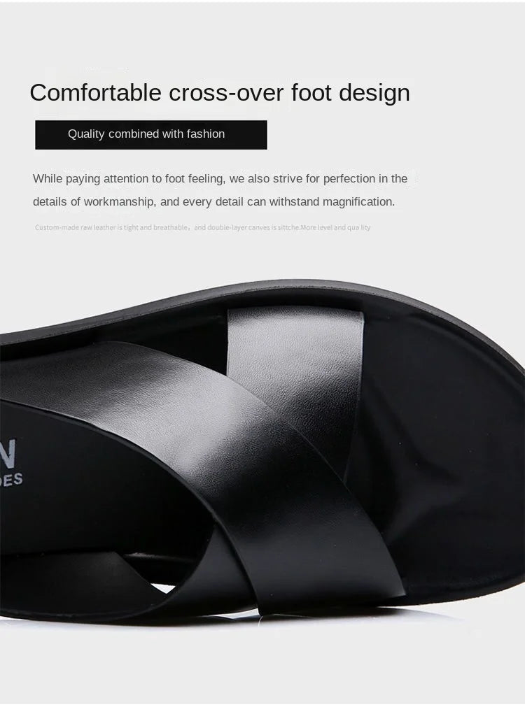 Slippers Men's Cross-Strap Slippers Flat Home Men Slippers Comfortable Soft Sole Leather Casual Shoes Bathroom Slipper Pantuflas - Clikcy