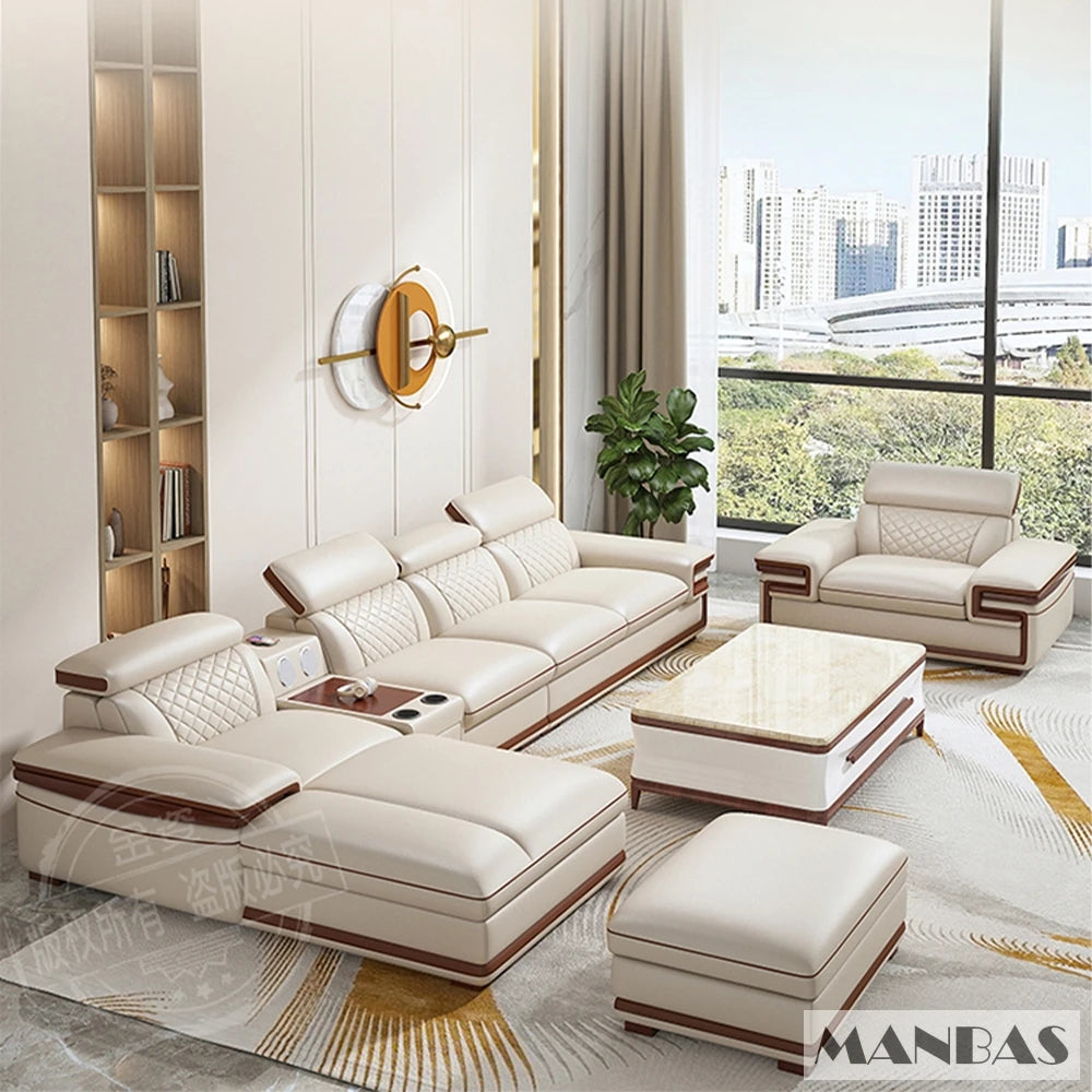MINGDIBAO Premium Italian Genuine Leather Sofa Set for Living Room with Adjustable Headrests, Bluetooth Speaker, Wireless Charge - Clikcy