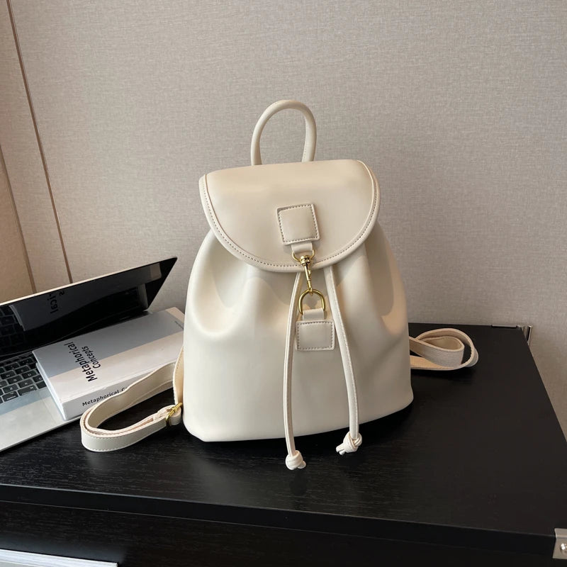 Genuine PU Leather Backpack Female Large Capacity Casual School Bag Solid Drawstring Travel Shoulder Bag Korean Fashion Backpack - Clikcy