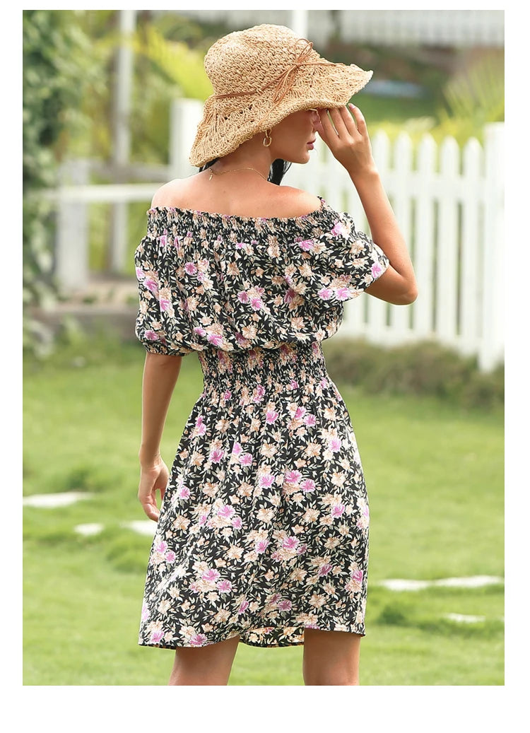 2025 Spring and Summer New Women's Random Printed Pullover Dress One Collar Midi Dress Beach Seaside Holiday - Clikcy