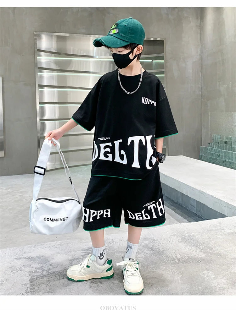 Children Summer Clothing Set For Boys Letter Print Sport Suit Kids Teenager Cotton Outfits Casual Short Sleeve Tracksuit Costume - Clikcy