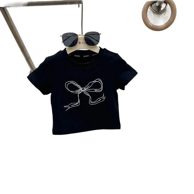 Summer Childrens Girls Clothing Sets Printed Bow Short Sleeve Top Jeans Suit Kids Girls 2pcs Sets 2-8 Years Girls Outfits - Clikcy