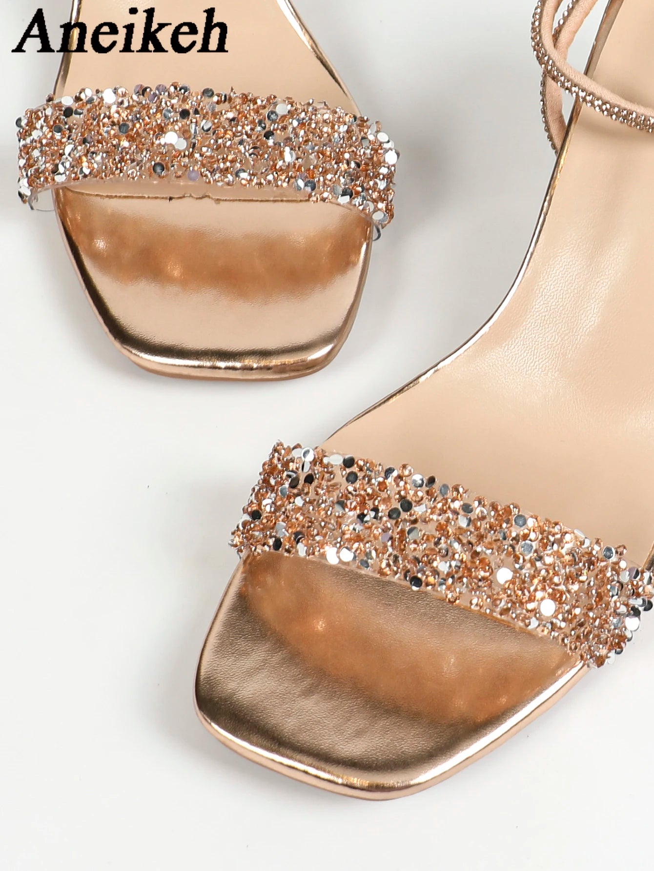 Aneikeh Silvery Fashion Female Crystal Transparent 5.5CM Chunky Heels Sandals for Women Open toe Party Dress Shoe 2025 Summer - Clikcy