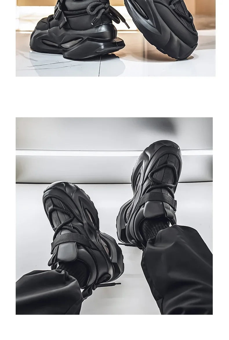 Waterproof Thick Bottom Dad Shoes Outdoor Sports Black Leather Surface Pure Color Spring Autumn Seasonal Style Casual Sneakers