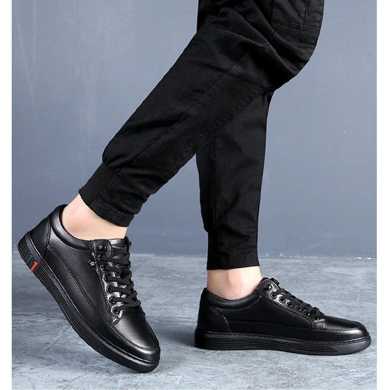 Spring Autumn Genuine Leather Shoes Men Footwear Soft Cowhide Casual Flat Brand Pure Black - Clikcy