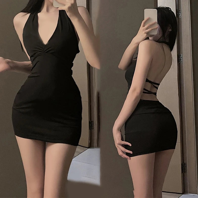1Pc Erotic Dress Sexy Women Uniform V Neck Slim Backless Seductive One-piece Dress Nightclub Party Mini Dresses - Clikcy
