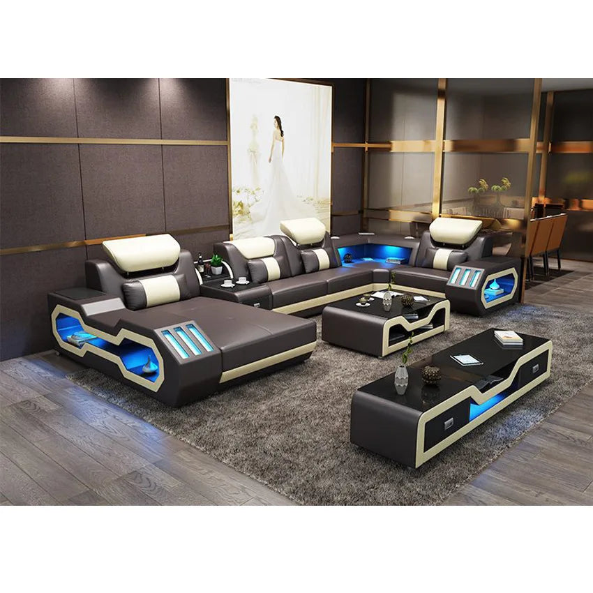 LED Lighted Sofa Set with Recliner, Speaker & USB Ports | Genuine Leather Sectional Couch with Console & Adjustable Headrests - Clikcy