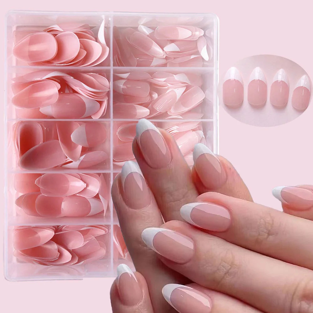 360Pcs/box French Nail Tips Glossy Soft Gel Pink Medium Almond White Simple Press On Nails 10Grids Huge Capacity False Nails - Clikcy