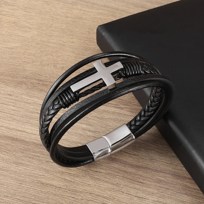 Multilayer Feather Leather Wrap Bracelet Men Classic High Quality Jewelry Gift Male Business Bracelet with Metal Magnetic Clasp - Clikcy
