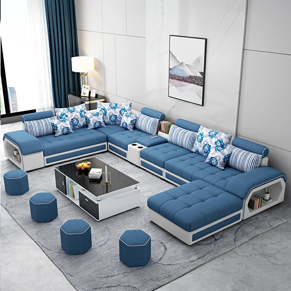 Linlamim Fabric Sofa Set Furniture Living Room Sofa Set with USB and Stools / Big U Shape Cloth Couch Sofas for Home Furniture - Clikcy