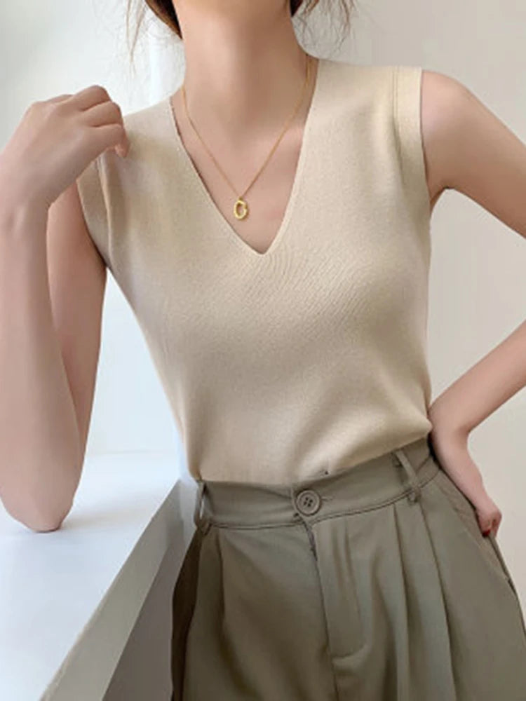 AOSSVIAO 2025 Summer Women Knitted Tank Tops Women Thin Tops Basic Casual Tank Tops V-neck Tees Sleeveless Tops For Women - Clikcy