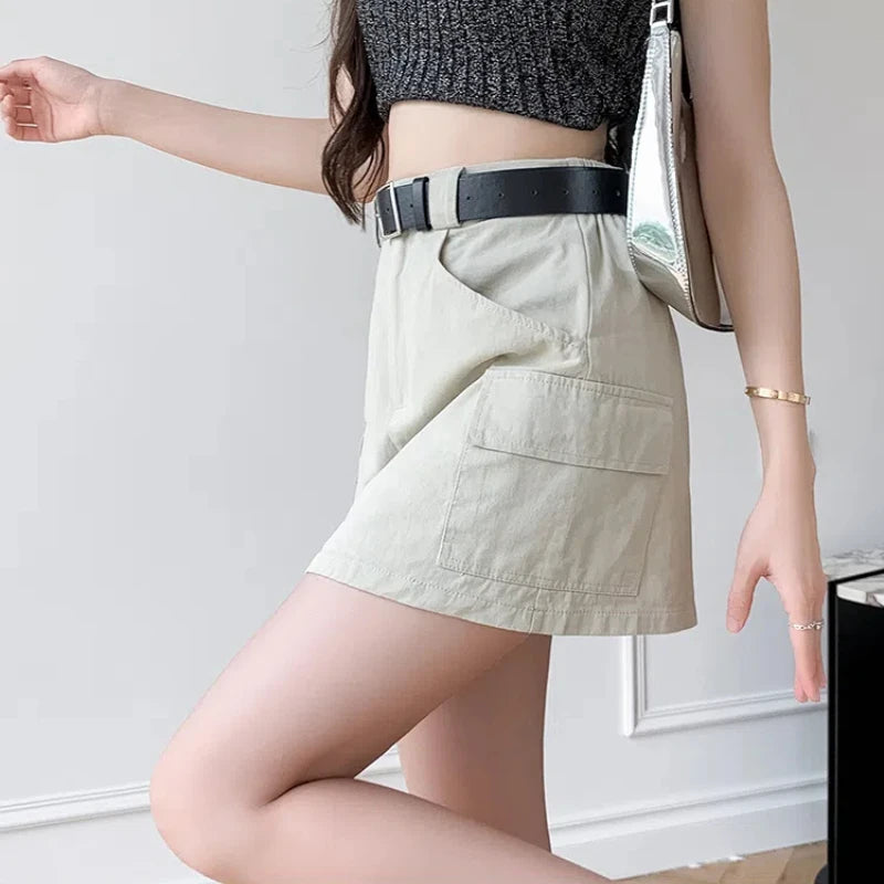 2025 New Spring Summer Vintage Cargo Skirts Women Casual Pockets A-line Short Skirts Ladies Fashion High Waist Mini Skirt - Clikcy