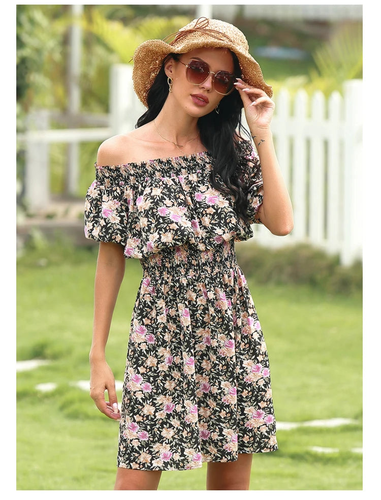 2025 Spring and Summer New Women's Random Printed Pullover Dress One Collar Midi Dress Beach Seaside Holiday - Clikcy