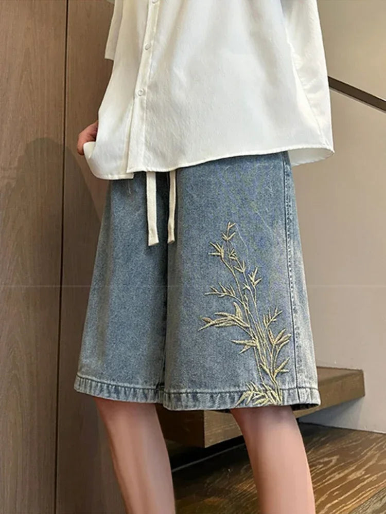 Summer Y2K Baggy Jorts For Men 2024 New Embroidered Short Jean Pants Vintage Wide Leg Bermuda Hip Hop Streetwear Denim Shorts - Clikcy