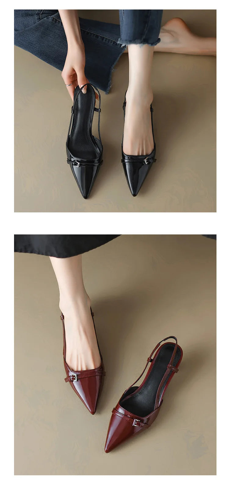2024 New Summer Women's Dress Shoes Patent Leather Slip on Pointed Toe Sandals Buckle Slingbacks Mid Heels Pumps Sandalias Mujer - Clikcy