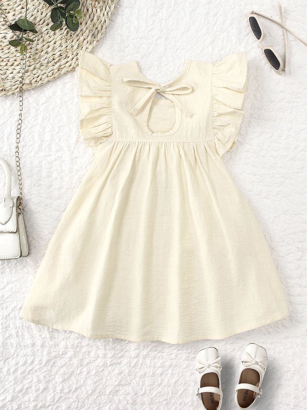 Toddler girls dresses kid's summer wear Pure color puffy sleeves girl dress back collar tie princess dress - Clikcy
