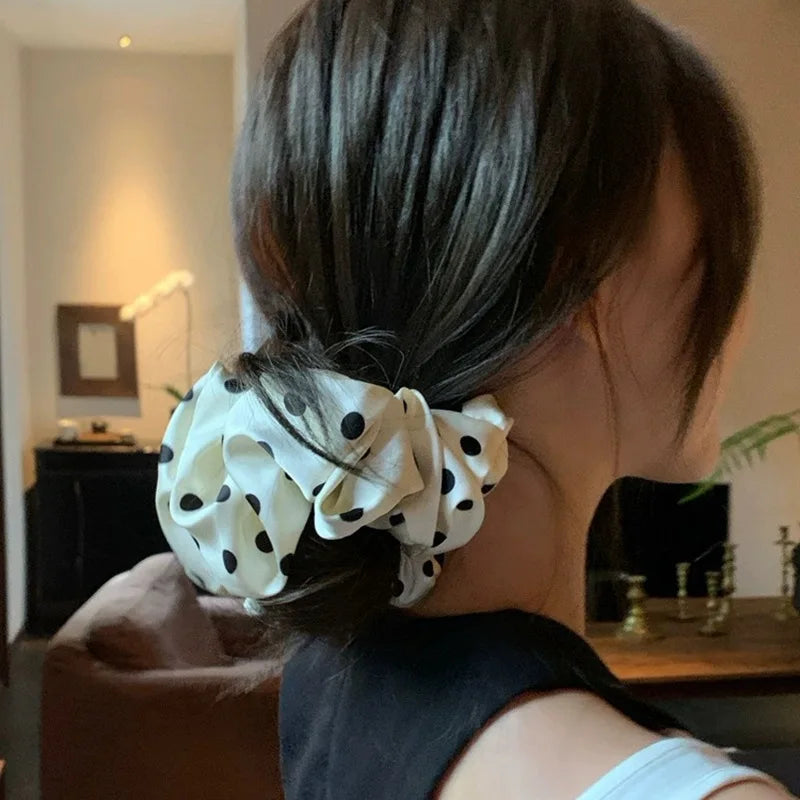 Korea Fashion Dot Satin Scrunchies For Women White big Hair Bands Elastic Silk Hair Tie Girls Black ponytail holder hair rope - Clikcy