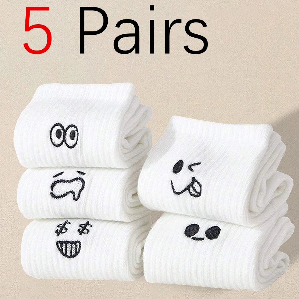 5/10/20 Pairs Men White Cartoon Socks Trendy Versatile Expression Socks With Simple Soft Breathable Comfortable Casual Socks - Clikcy