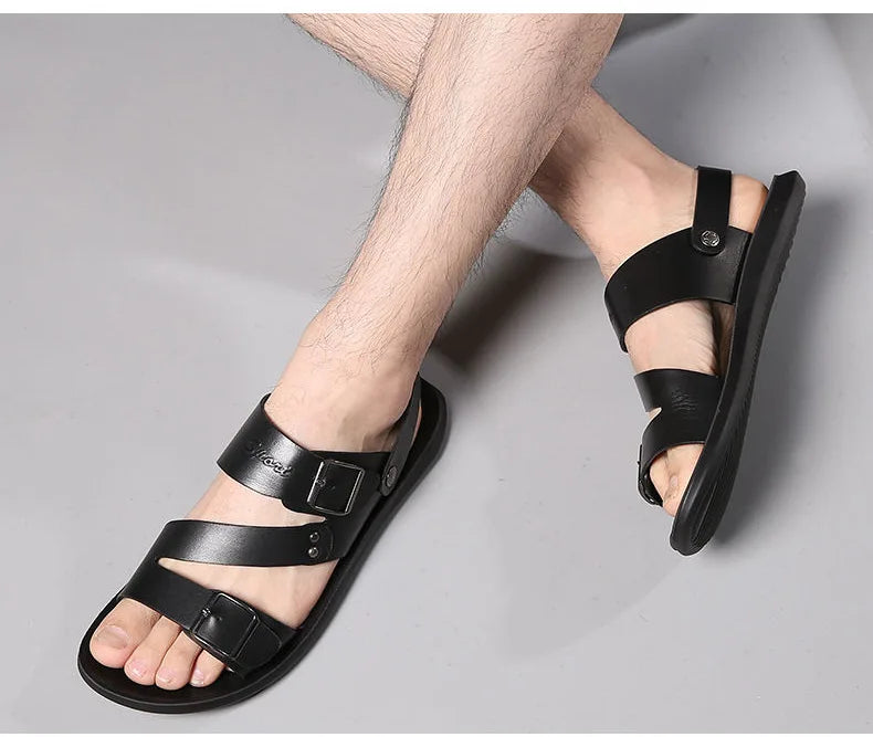 Simple Men's Sandals Solid Color PU Leather Men's Summer Shoes Casual Comfortable Open Toe Sandals Soft Beach Shoes Men's Sandal - Clikcy