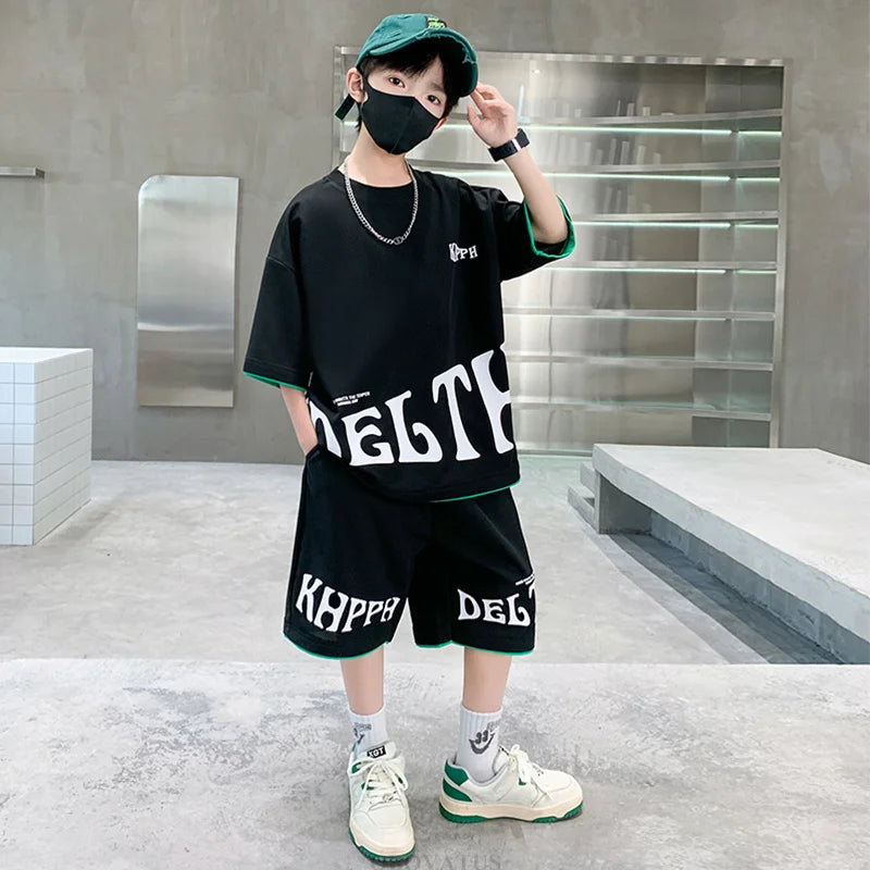 Children Summer Clothing Set For Boys Letter Print Sport Suit Kids Teenager Cotton Outfits Casual Short Sleeve Tracksuit Costume - Clikcy