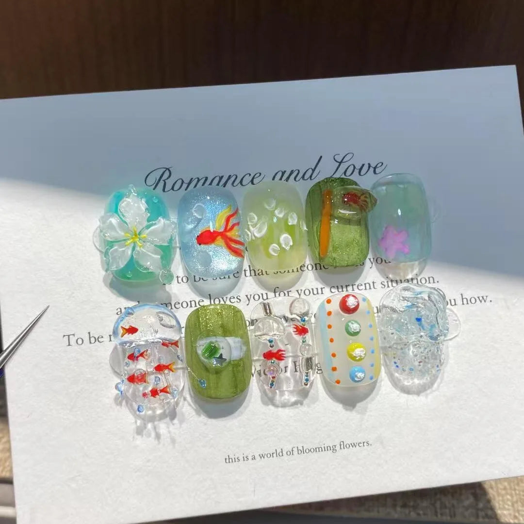 10pcs Handmade Short Press on Nails Ice Goldfish Fake Nail Tips with 3d Carved Flower Design Fresh Green Ins Summer False Nails - Clikcy