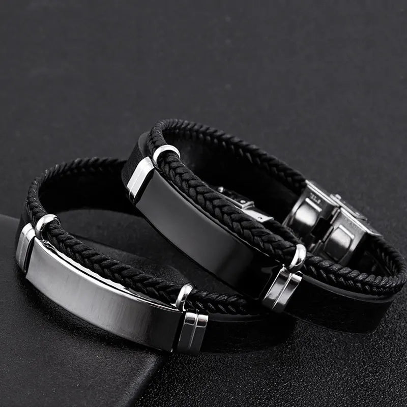 Homme Stainless Steel Bracelet Double Layer Twist Braid Leather Rope Bracelets For Men Hiphop Rock Fashion Jewelry Accessories - Clikcy
