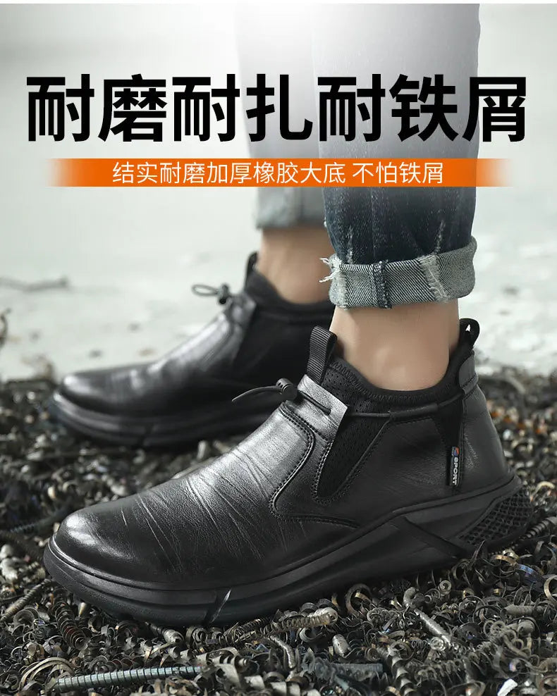 Black Leather Men Waterproof Shoes Work Safety Shoes Steel Toe  Men Sneakers Wear-resistant Indestructible Construction Man Boot