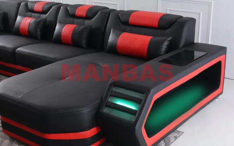 MANBAS Italian Genuine Leather Sectional Sofa with LED Lights | Futuristic Furniture U Shape Couch Living Room Big Sofas Set - Clikcy