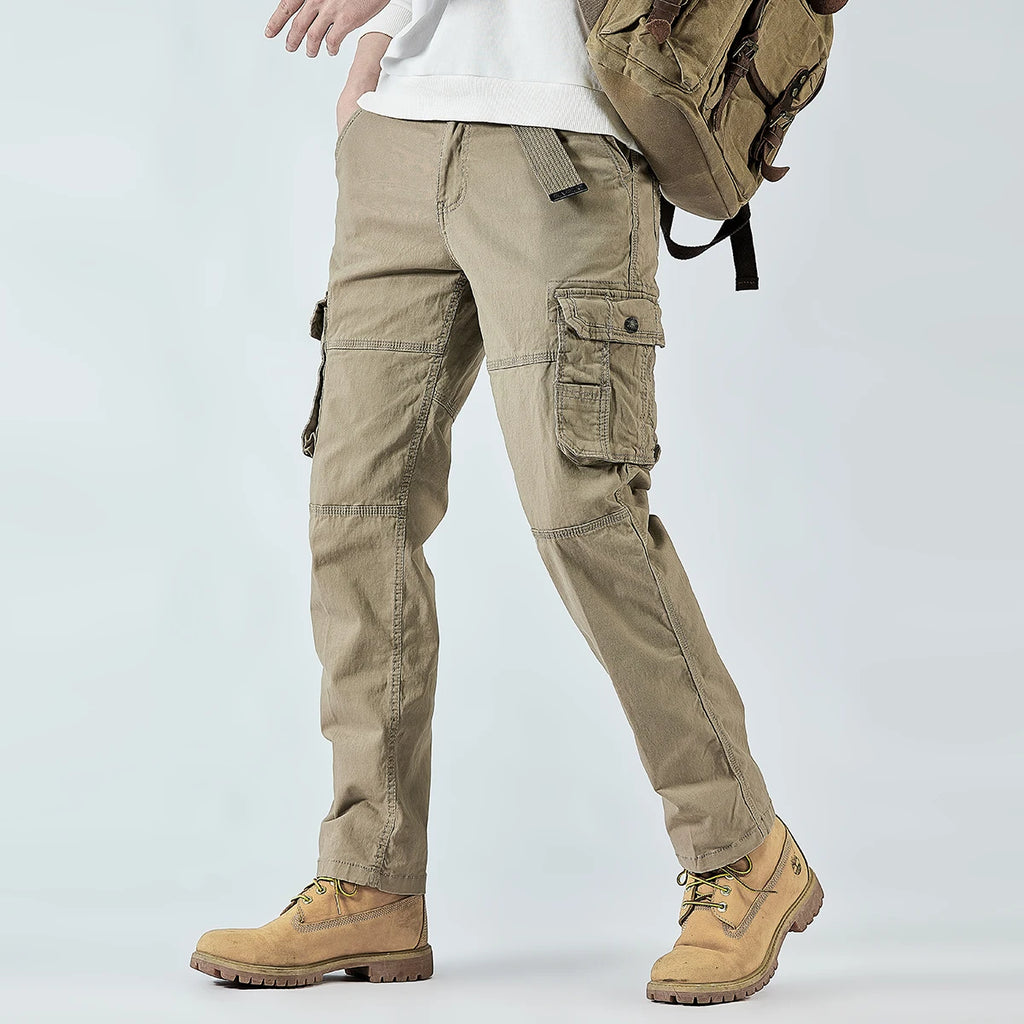 2025 Men's Cargo Pants Straight Leg Cotton Stretch Tactical Trouser Male Military Outdoor Camping Fishing Casual Work Wear Khaki - Clikcy