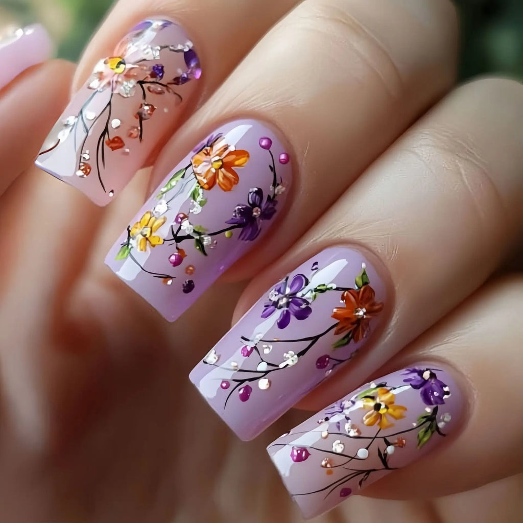 24pcs/set Medium Long fake nails for Spring summer beautiful flowers mushroom bees cute almond square tips press on false nails - Clikcy