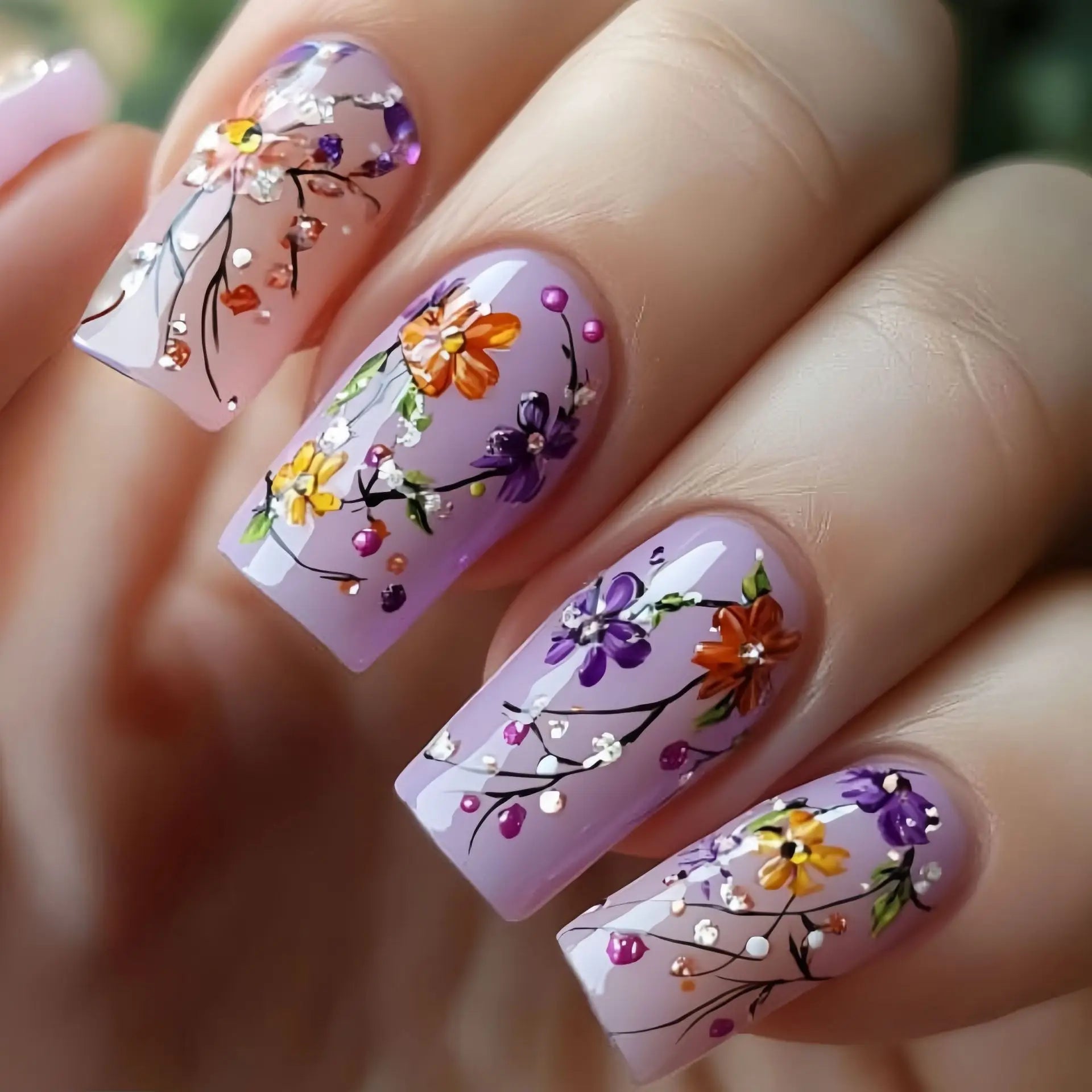 24pcs/set Medium Long fake nails for Spring summer beautiful flowers mushroom bees cute almond square tips press on false nails - Clikcy