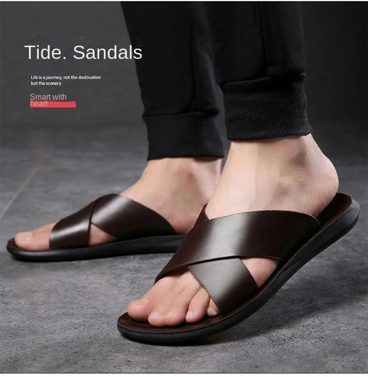 Slippers Men's Cross-Strap Slippers Flat Home Men Slippers Comfortable Soft Sole Leather Casual Shoes Bathroom Slipper Pantuflas - Clikcy