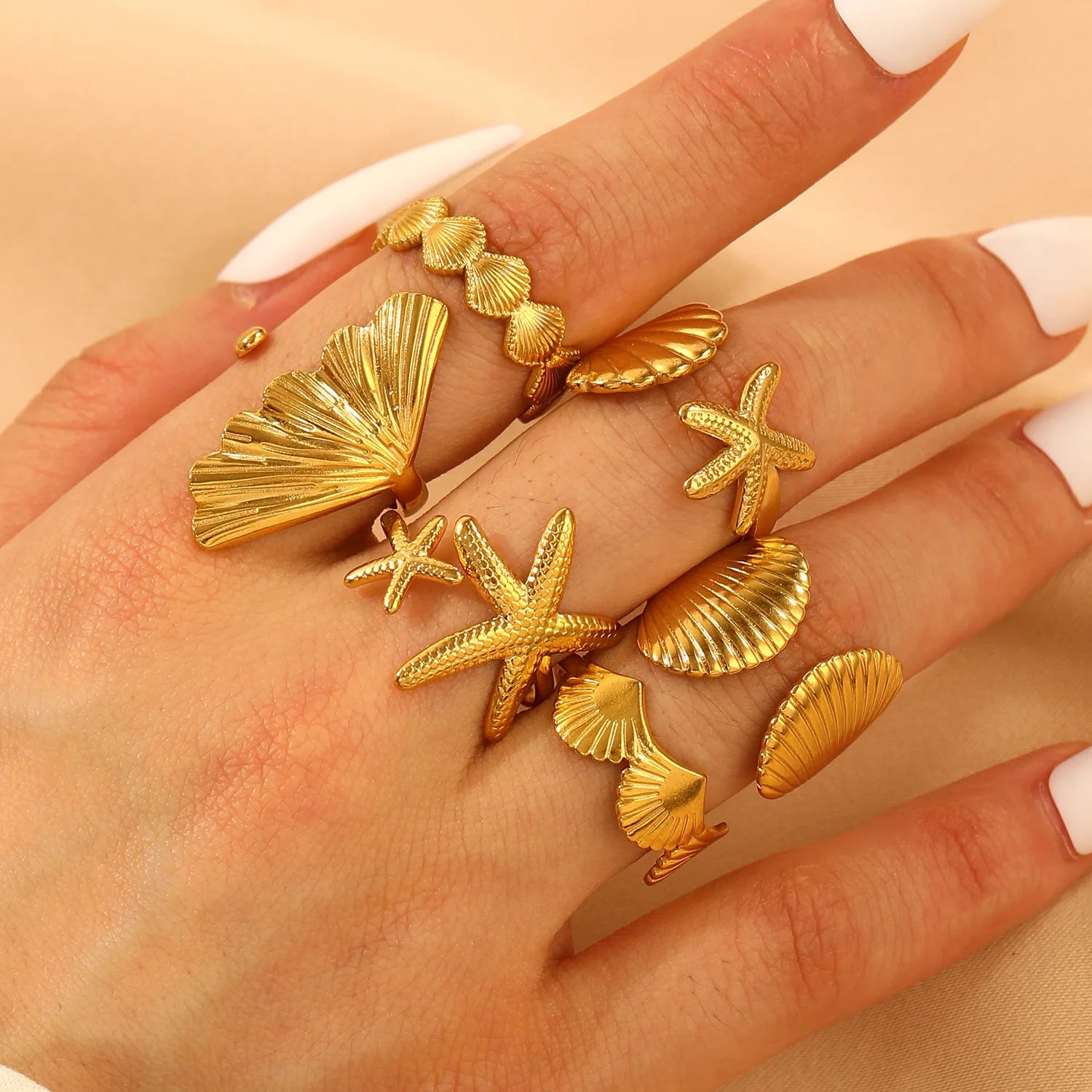 MHS.SUN Ocean Style Stainless Steel Starfish Shell Rings For Women Girl Vintage Gold Plated Open Ring Summer Beach Jewelry - Clikcy